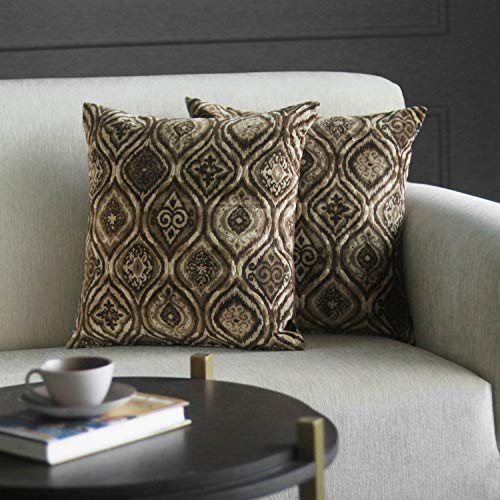 GMF Amber Damask Velvet Decorative Throw Pillow Case Cushion Cover - Luxurious Soft Decorative Square Pillow Cover for Living Room, Bedroom, Home Decor - Pack of 2 (Size: 18 x 18 inch, Brown)