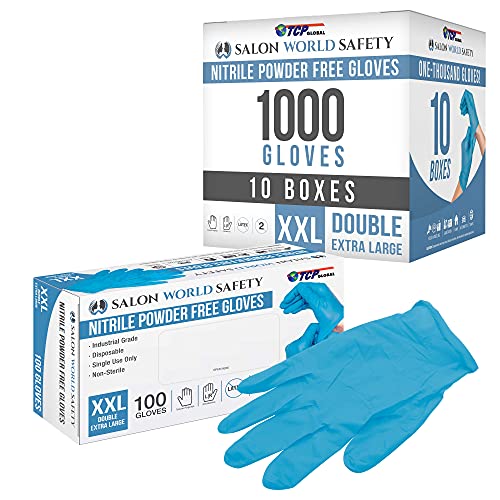 Salon World Safety Blue Nitrile Disposable Gloves, 10 Boxes of 100, Size Medium, 3.5 Mil - Latex Free, Textured, Food Safe