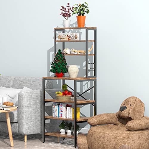 Amosic Industrial Kitchen Baker’s Rack, Multiuse 7-Tier Metal Kitchen Bakers Rack, 6 S-Hooks, Floor Standing Spice Rack Organizer Workstation, For Microwave, Spice Jars, Pots And Pans, Rustic Brown #TOP6