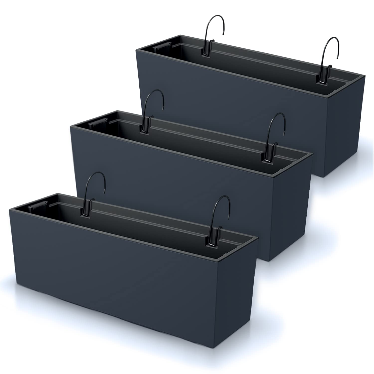 IMJ-Global Lot de 3 pots à fleurs rectangulaires Urbes en plastique 58 x 18,5 x 19,5 cm pour intérieur extérieur noir volume 18 litres design moderne