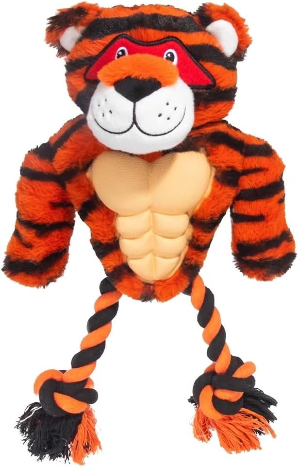 Tiger Rope & Plush Dog Toy with Squeaker, Interactive Tug Toy for Medium to Large Dogs, Multi-Texture Toy for Tug, Toss & Supervised Play