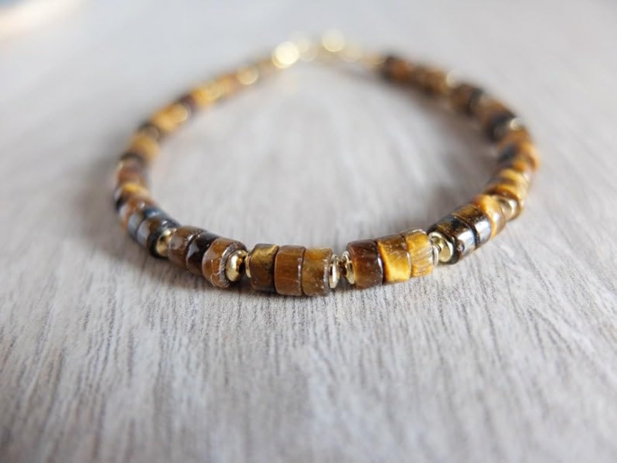Unisex Tigers Eye Tyre Beaded Bracelet with Gold Lock