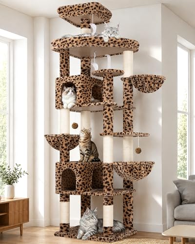Image of Globlazer Extra Large Leopard Cat Tree 82in Tall Heavy Duty Cat Tree for Indoor Cats Large Adult Big Cat Tower with 8 Scratching Posts, 2 Condos, 2 Padded Perches, 3 Baskets, S82, Leopard Print