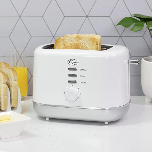 Quest 2 Slice Toasters with Auto-Centring and Variable Browning / 7 Different Settings / Reheat, Defrost & Cancel Options / Cool Touch / 2 Colours (White/Silver)
