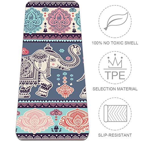 TIZORAX Adorno de Estilo Indio Elefantes y Paisley Alfombrilla de Yoga TPE Gruesa Antideslizante Colchoneta de Ejercicios para Yoga, Pilates, Gimnasio y hogar, Hombres y Mujeres