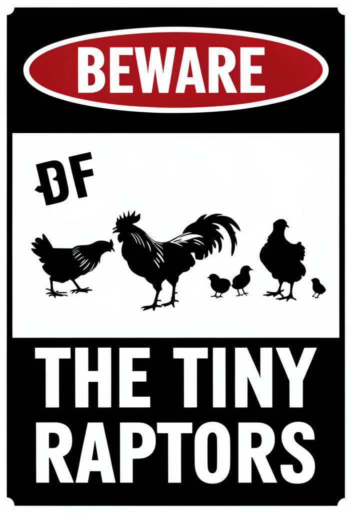 peiyeety Beware of the Tiny Raptors Tin Sign 12x8 Inch Funny Chicken Decor Metal Wall Sign, Black & White Farmhouse Coop Barn Yard Plaque, Rustic Home Decor Gift for Chicken Lovers