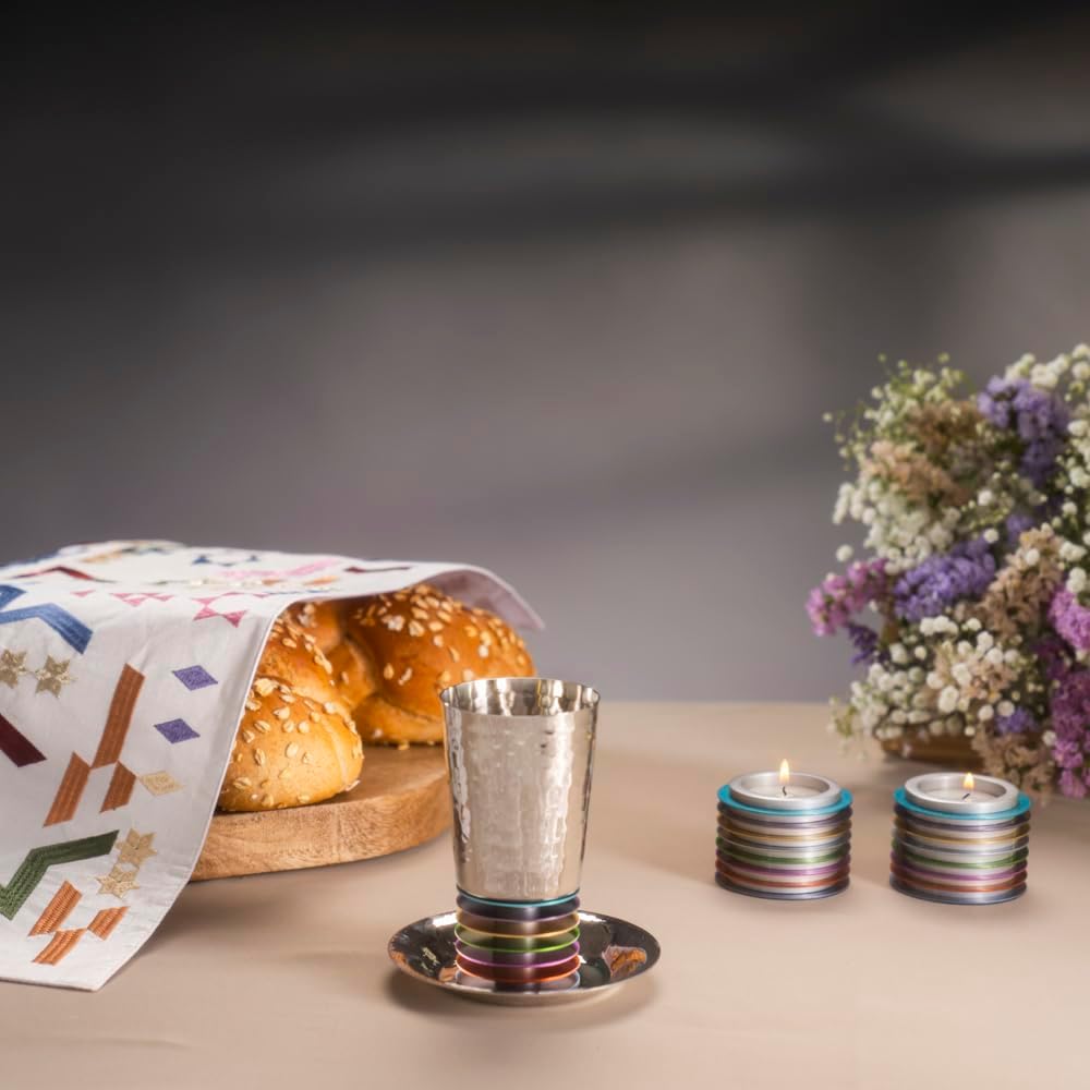 EMANUEL Yair Modern Kiddush Cup and Saucer Set for Shabbat - Hammered Aluminum with Stacked Anodized Aluminum Rings - 4.3" Modern Judaica Gift (Multicolored CUR-1)