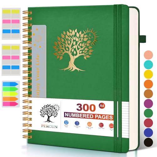 Duży notatnik spiralny z 300 ponumerowanymi stronami, spiralny dziennik A4 do pisania, strony w linie, notatnik do pracy i szkoły dla mężczyzn i kobiet, skórzany notatnik w twardej okładce, 21,5 x 28