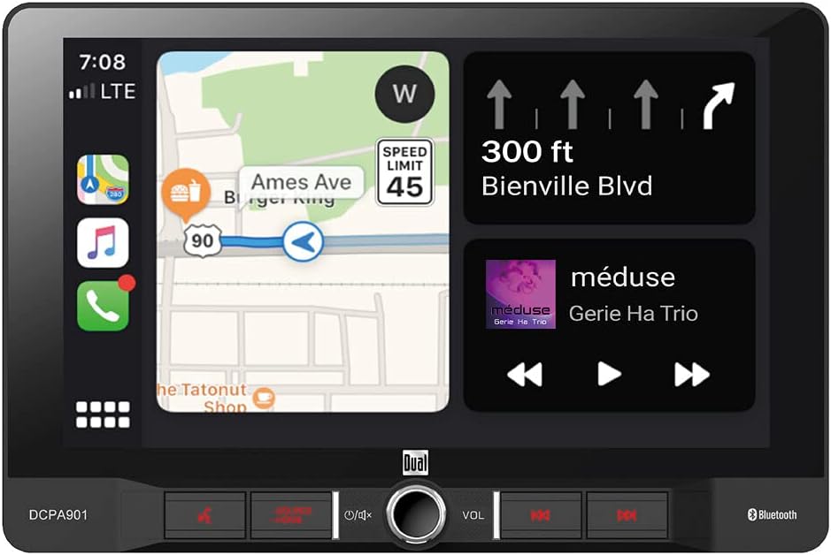 Dual Electronics DCPA901 display showing navigation and music playback.