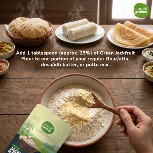 Image of StapleGreenz Jackfruit Flour 250g | Helps Balance Post Meal Sugar Spikes | High Fiber & Antioxidants | Neutral Taste | Add to Regular Flour, Dosa /Idli Batter | Gluten-Free & No Added Preservatives