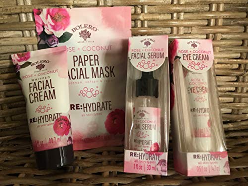 Set BOLERO Rose + Coconut, Whipped Facial Cream, Eye Cream, Facial Serum & Paper Facial Mask/Hydrate all skin types.