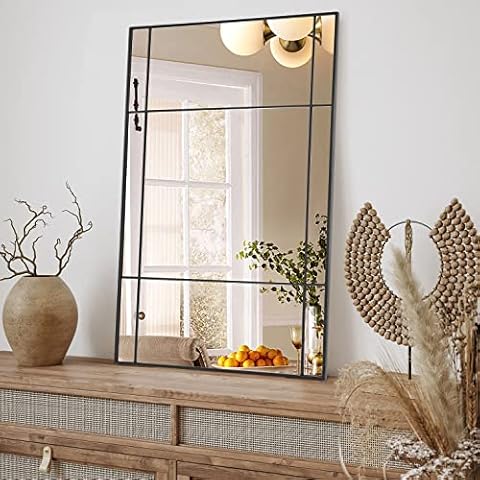 Muzilife Black Rectangular Window Mirror, 31x47 Large Windowpane Wall Mirror, Framed Window Pane Grid Mirror with Hand Polished Metal Frame, Vertically for Wall Decor, Entryway, Living Room Cover