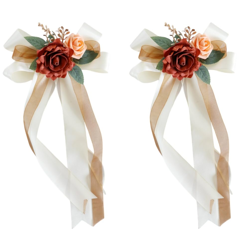2 Pcs Wedding Car Ribbon Decoration Kit with Artificial Flowers for Car Mirror,14 Inch Wedding Car Door Handle Bows Decor Bouquet Supplies (Champagne)