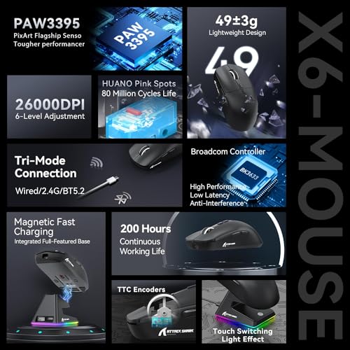 Image of ATTACK SHARK X6 Lightweight Wireless Gaming Mouse with RGB Backlight Charging Base,Tri-Mode Wired /2.4GHz /BT5.2,26K DPI, PAW3395 Optical Sensor,HUANO Switch,5programmable Buttons,PC /Mac(Black)