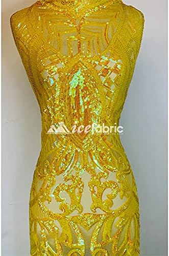 Yellow Iridescent Geometric Stretch Sequin Fabric by The Yard | 4 Way Stretch Fabric Spandex Lace Fabric | on Mesh Embroidered Fabric…