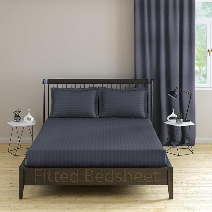 Cotton Fitted Bedsheet King Size 72x78x8 Inch | Elastic Fitted Bedsheet Cotton | King Size Bed Sheet Elastic Fitted | King Size Bed Cover | Double Bed Elastic Fitted Bedsheet | Grey Stripe