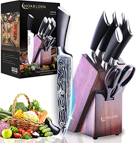 HOABLORN 7 Piezas Cuchillo de Cocina Profesional, Cuchillos de Chef, Cuchillo Bloque de madera Set, Cuchillos Cocina de Acero Damasco Set, Cuchillo Cocina, Cuchillo Universal para Pan de Santoku Cover