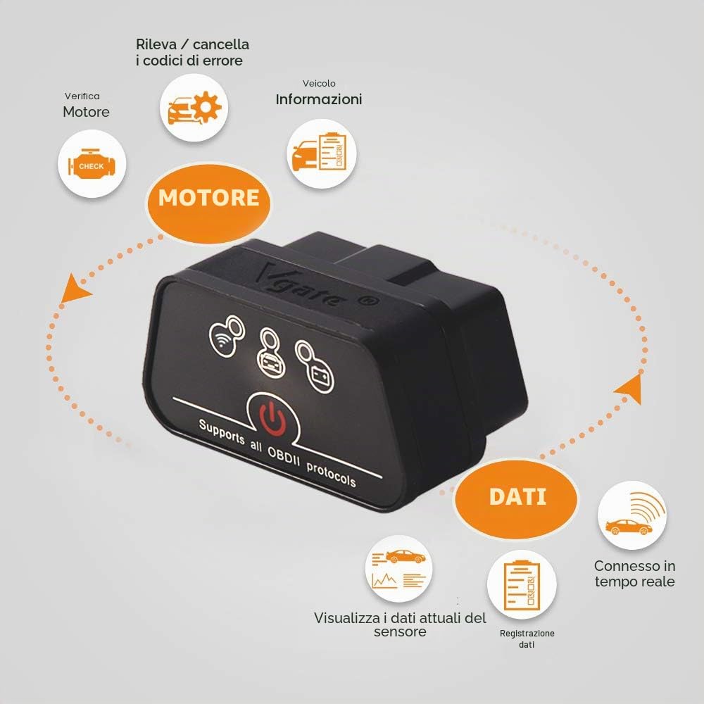 Vgate iCar 2 WiFi OBD2 Scanner Scan Interface Adapter Check Engine Light Car Diagnostics Tool per iOS i-Phone, iPad, Android Auto Sleep (nero)