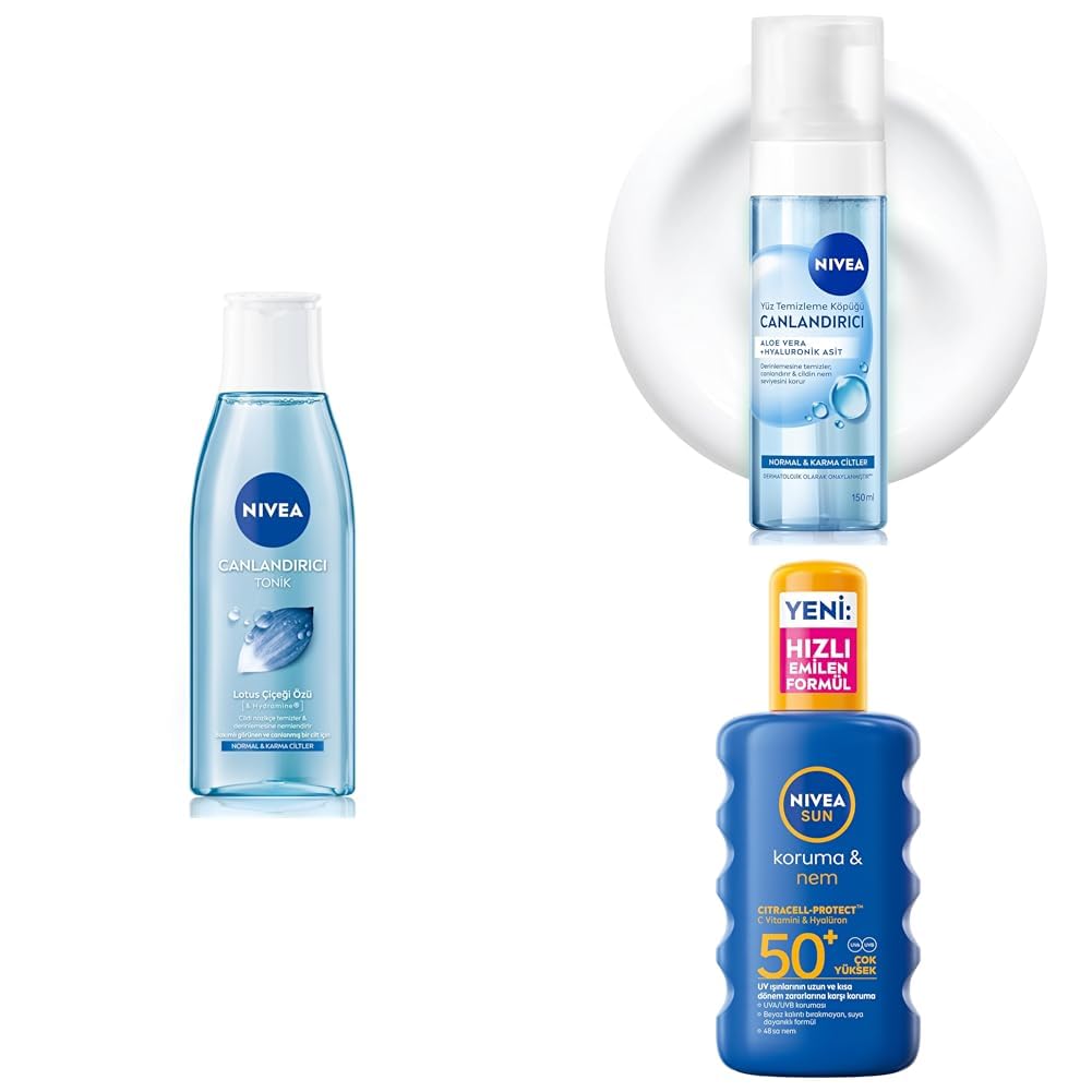 NIVEA SUN SPF50 Güneş Koruyucu Vücut Spreyi 200ml, Yüz Temizleme Köpüğü 150ml, Canlandırıcı Tonik 200ml