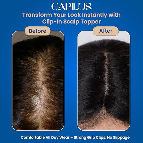 Image of Capilus 100% Human Hair Extensions for Women, Clip in Scalp Topper /Hair Topper, Silk Based- (5 inchx5 inch, 20 Inches, Natural Black)
