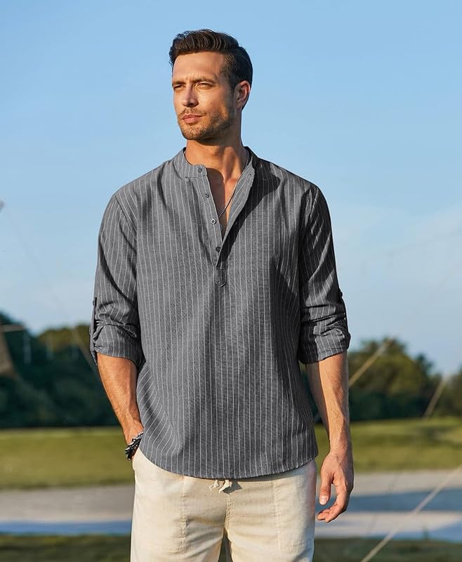 Image of Men's Cotton Blend Full Sleeve Printed Short Kurta with Mandarin Collar Crafted from a Premium Cotton Blend
