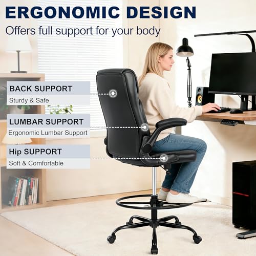 Image of Misolant Drafting Chair with Footrest Ring, Tall Office Chair for Standing Desk, PU Faux Leather Bar Counter Height Chairs with Adjustable Height, 360 Swivel Wheels for Garage Office, Black