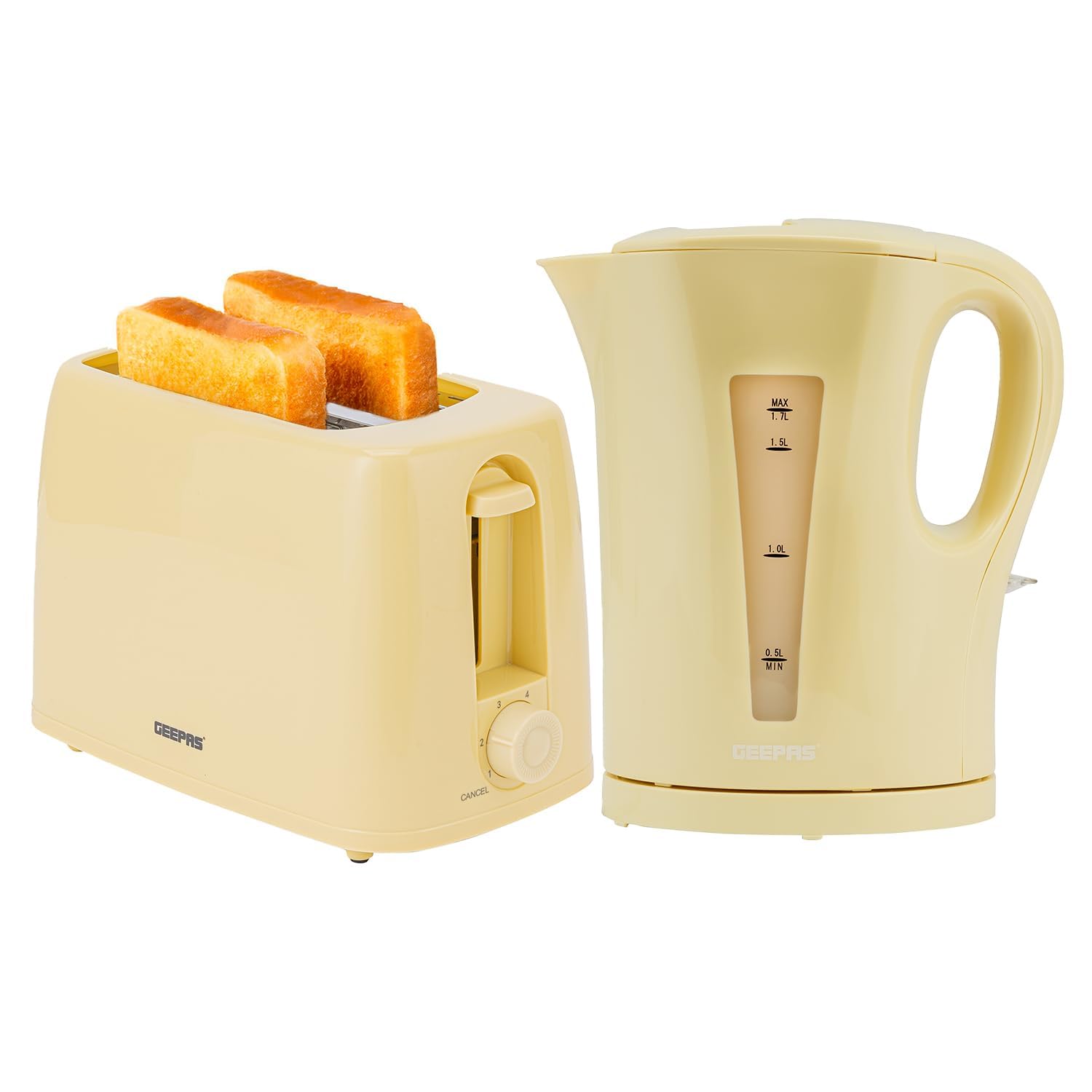 Geepas Electric Kettle & 2 Slice Bread Toaster Kitchen Combo Set | 2200W 1.7L Cordless Jug Kettle Boil Dry Protection & Auto Shut Off | 650W 6 Level with Browning Control & Crumb Tray | Beige