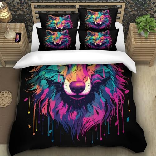 Loup housse de couette néon imprimé 3D linge de lit microfibre avec taies - 5