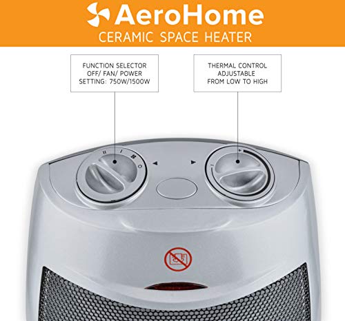 Aerohome 1500W / 750W Ceramic Portable Space Heater Indoor Electric Heater With Overheat & Tip Over Protection - Personal Room Heater With Thermostat Control For Home Bedroom And Office #TOP2