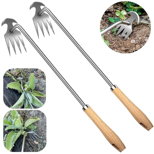 2pack 16inch Weed Puller Tool,Weeding Tool,4 Teeth Stainless Steel Hand