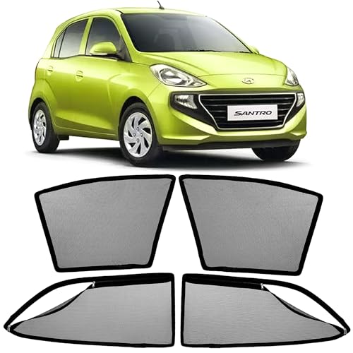 Image of AutoStory Magnetic Car Sunshade for Santro 2015-2019 | Front Half Cut for Mirror Visibility + Rear Full Coverage with Zipper | Heavy Heat & UV Protection | Privacy Side Window Curtains Shades