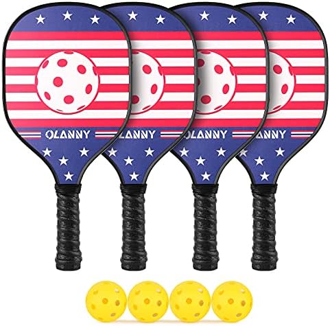 Wood Pickleball Paddles 4 Pack, Lightweight Pickleball Set 4 Paddles with 4 Balls and 1 Mesh Bag.7-ply Basswood,Ergonomic Cushion Grip, Great Pickleball Racquet for Kids & Beginners
