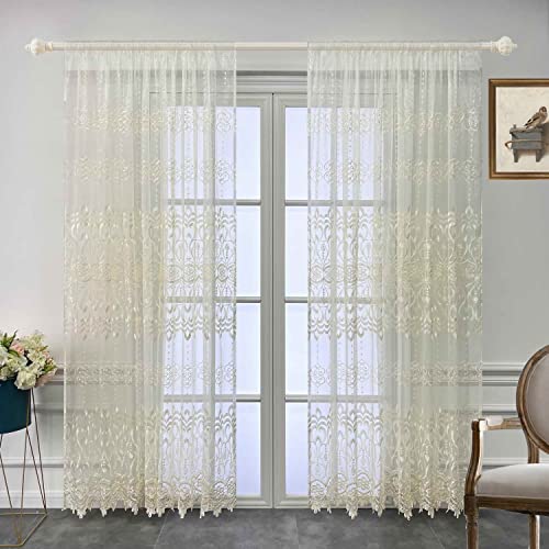 Wpkira Indoor/Outdoor Balcony Window Treatments Beige Lace Embroidered Rod Pocket Top Sheer Panels Tulle Voile Door Window Curtain Drape For Living Room , 1 Panel W54 X L84 Inch #TOP1