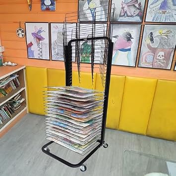 Display Racks Retail Display Grid Panel Free Standing Display Racks Mobile Storage Racks Supermarket Racks,Mobile Art Drying Rack - 20 Removable Shelves, Black Powder Coated Metal Storage Or