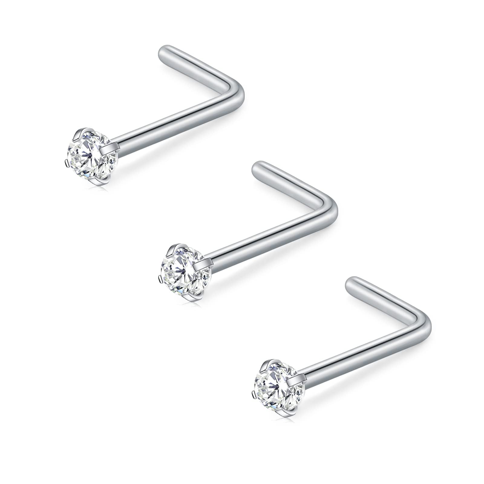 FECTAS Nose Stud L Shape Nose Ring Stud Nose Bar 18G 20G 1.5mm 2mm 2.5mm 3mm L Shaped Nose Piercing Jewellery Stainless Steel Clear Pink Blue Round Star Heart Diamond Silver Gold Black — view 9