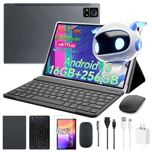 Android 15 Tablet 10 Inch with Keyboard,16GB+256GB Tablets, 8000mAh Battery, Octa-core CPU, Widevine L1,2.4GHz/ WiFi 5 & Bluetooth 5.0, 5/13MP Cameras Bundle with Case, Mouse & Stylus M7 (Grey)
