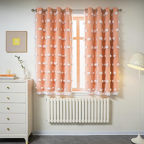 MYSKY HOME Orange Curtains for Bedroom 54 Inch Long Double Layer Curtains for Kids Room Kithen White Pom Pom Sheer Nursery Curtains Grommet Room Darkening Small Window Curtains 2 Panels 52' x 54'