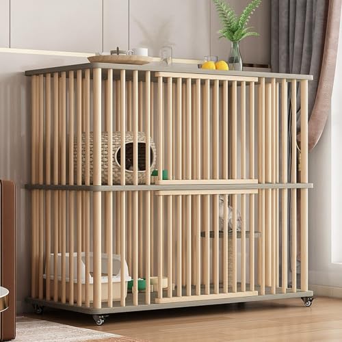 YLLSMGS 2段式猫ゲージ 木製猫小屋 ケージ 猫 大型猫用ケージ ゲージ 猫 猫用爪とぎポスト 猫ケージ2段 回転式車輪 ペットケージ 猫 サイザル麻製ジャンプ台付き 1〜2匹の猫 ケージ フェレット チンチラ ウサギ用の大型運動場(Gray)
