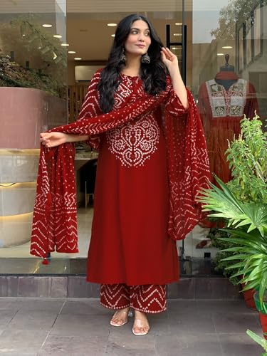 Image of GoSriKi Kurta Sets for Women Rayon Viscose Bandhani Printed | Kurti Set for Woman | Kurta Pant Dupatta Set | Straight Kurti | Round Neck 3 /4 Sleeve Suit Set for Women Stylish Ethnic Outfit