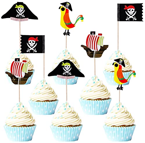 48Pcs Pirate Cupcake Toppers Pirate Party Supplies Pirate Party Cake Decorations For Kids Baby Shower Nautical Sailing Skull Cap Cupcake Picks Pirate Theme Birthday Party Decorations Cake Decor #TOP28