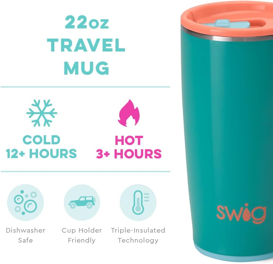 Swig Life 22oz Travel Mug, Insulated Tumbler with Handle and Lid, Cup Holder Friendly, Dishwasher Safe, Stainless Steel, Travel Coffee Cup, Insulated Mug with Lid (Peak Season)