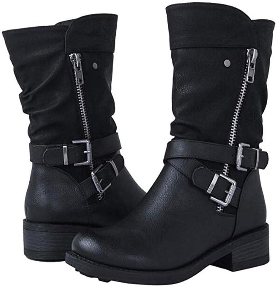 Hbeylia Boots For Women Vintage Casual Wide Round Toe Chunky Block Low Heels Wide Mid Calf Work Riding Boots Retro Slouchy Ruched Western Cowboy Cowgirls Boots Winter Combat Short Boots For Ladies