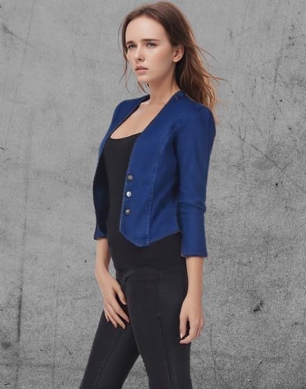 Image of WingzssWomen's Blue Cropped Blazer, 3 /4 Sleeves, Button Front, Formal Jacket