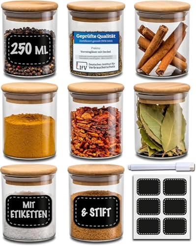 Praknu Gewürzgläser Groß - 8er Set 250ml - mit Etiketten zum Beschriften - Luftdicht -...