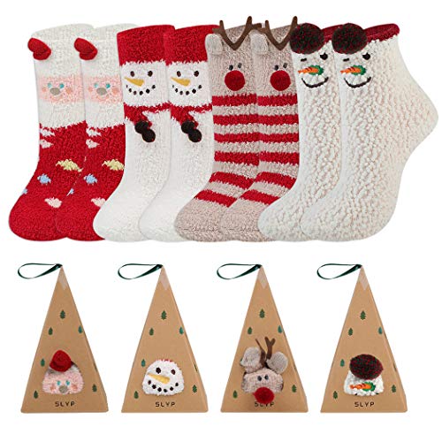 Dorakitten 4 pares de calcetines mullidos calcetines navideños para regalo de cama calcetines de lana de coral para invierno regalo de Navidad (con 4 cajas de regalo y 4 tarjetas de felicitación)