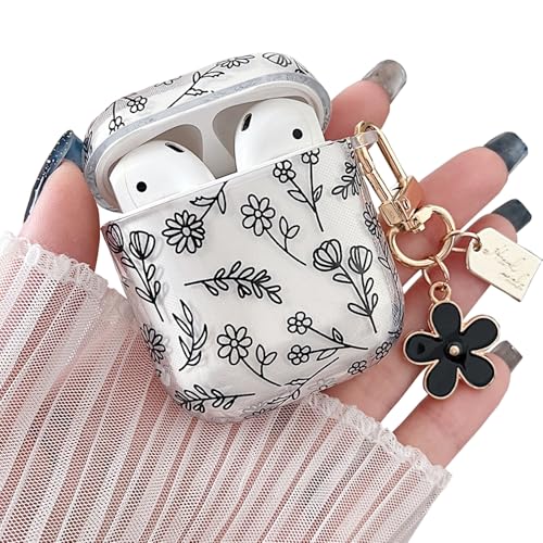 Image of MINSCOSE Compatible with AirPod 1&2 Clear Case,Cute Flower Floral Aesthetic Design with Flowers Keychain, Soft TPU Protective Shockproof Case for Women Girl for Airpod 1&2-Black