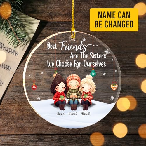 Best Friends are Sisters Clear Plastic Ornaments, Christmas Decorations Personalized Name Three Girls Wear Sweater Hat with Chocolate Cup Acrylic Ornaments, Gifts for Sister Friends Besties Siblings2