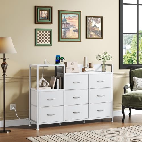 Image of NEWBULIG Dresser TV Stand with 8 Fabric Drawers and 1 Shelf, Wooden Top TV Media Console Table for Up to 45 inch, Entertainment Center with Charging Station for Living Room Bedroom, White