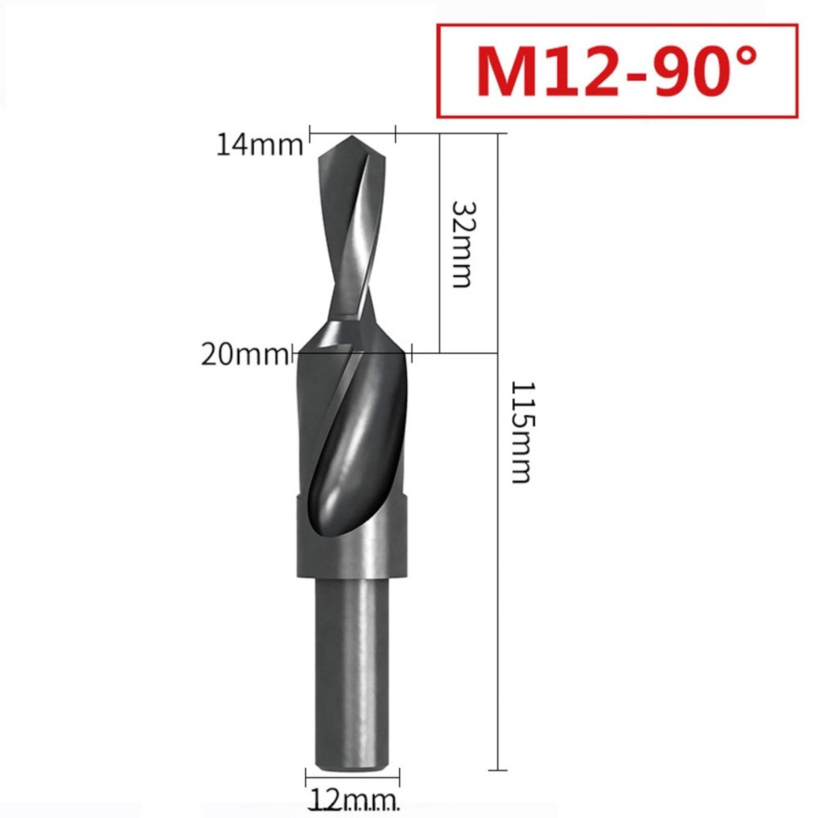 Zestaw wierteł, 1 szt. M4-M12 90/180 stopni HSS spiralne wiertło stopniowe z pogłębieniem stożkowym, odpowiednie do wiercenia i fazowania w metalu i materiałach niemetalicznych(1PC M12 90 Degree)