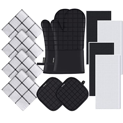 Ofenhandschuhe und Topflappen, Set mit Küchentüchern und Geschirrtüchern, 500 Grad hitzebeständige Ofenhandschuhe und Hot Pads, Küchentücher und Geschirrtuch-Sets zum Aufhängen, schwarz Cover